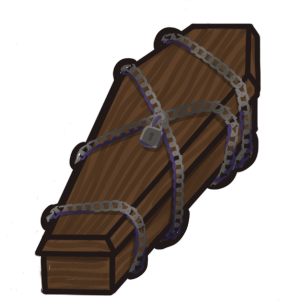 a closed wooden coffin, wrapped in grey chains, with a padlock.